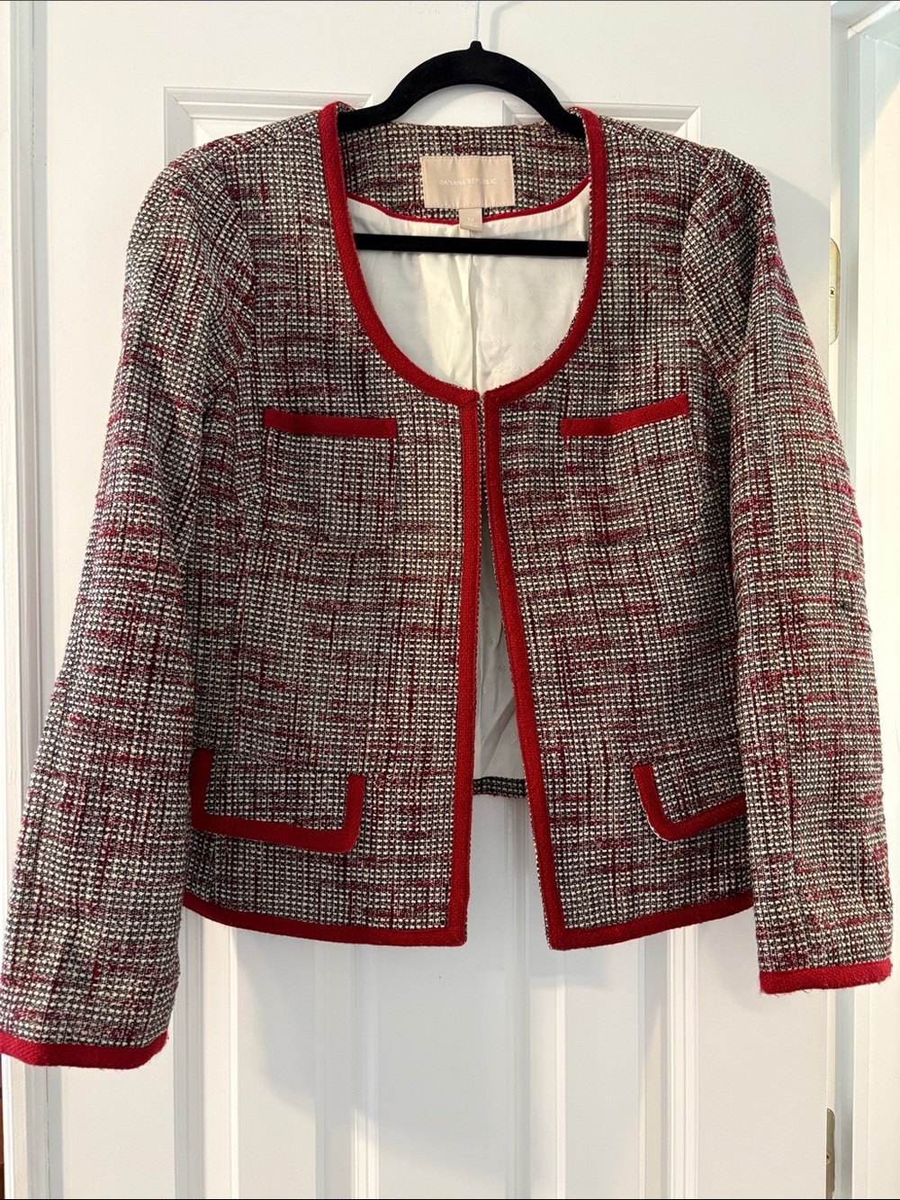 Banana Republic Red-Trim Tweed Open Front Jacket - Size 12
